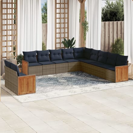 vidaXL - 11-delige - tuinbankset - met - kussens, - grijs - polyrotan