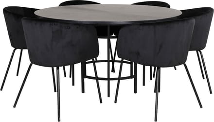 Copenhagen eethoek eetkamertafel bruin en 6 Berit eetkamerstal velours zwart.