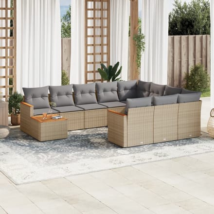vidaXL - 11-delige - Loungeset - met - kussens - poly - rattan - gemengd - beige