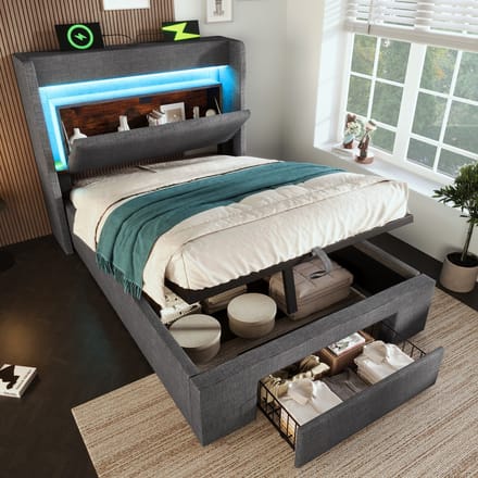 Sweiko Gestoffeerd bed - 90x200 cm - Opbergruimte - LED-verlichting - USB/Type-C - Linnen stof - Grijs