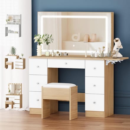 Make-uptafel met Spiegel, Kruk en 7 Laden - Kaptafel met Stopcontacten en Instelbare LED Verlichting