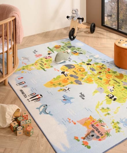 Kindervloerkleed wereldkaart - Joy blauw 100x150