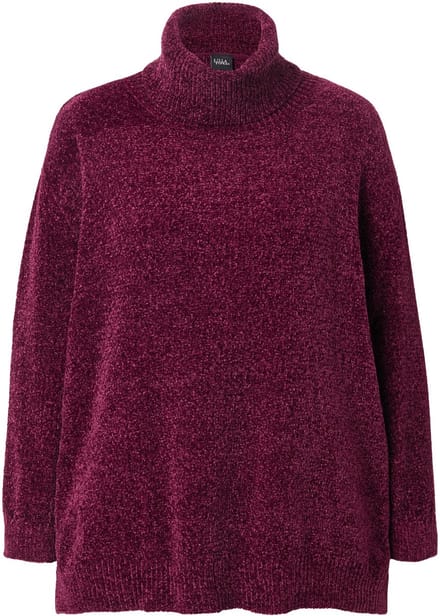 Ulla Popken - Dames - Chenille pullover oversized opstaande kraag lange mouwen - Donker wijnrood - Maat 58+