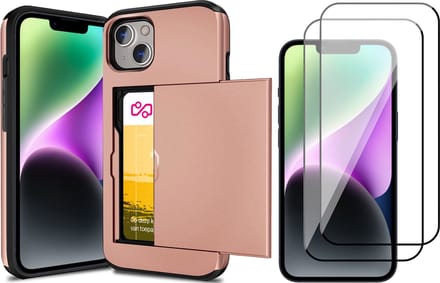 Hoesje met Pasjeshouder geschikt voor iPhone 15 Plus - 2x Screen Protector FullGuard - Back Cover SlideCase Roségoud & Screenprotector