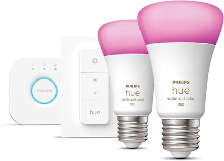 Philips Hue starterspakket E27 Lichtbron met Bridge en 1 x Dimmer Switch - White and Color Ambiance - 2 x 9W - Bluetooth