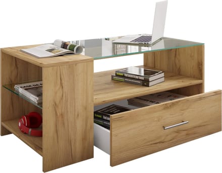 Tindala salontafel met glazen blad, 1 lade, 3 plankenHoning eiken decor.