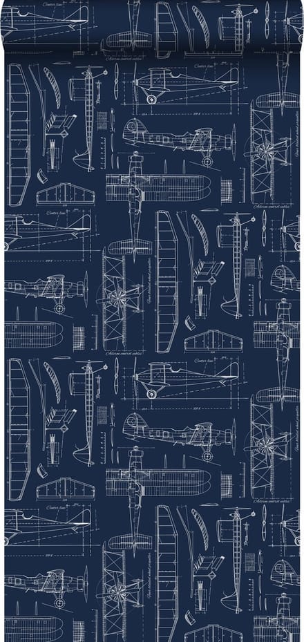 ESTAhome behang constructietekeningen van vliegtuigen donkerblauw - 53 cm x 10.05 m - 128810