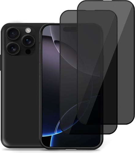 Hoesje + 2x Privé Screenprotector geschikt voor Apple iPhone 16 Pro Max – Privacy Tempered Glass - Back Case Cover Zwart