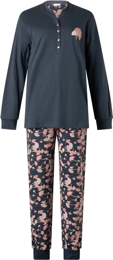 Lunatex dames pyjama interlock - maat M - Herfst bloem uni - marine