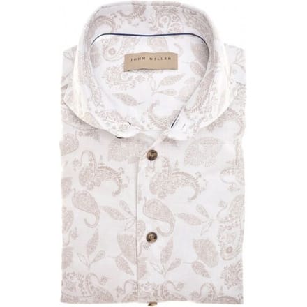 John Miller Overhemd Linnen Blend Paisley Print Beige - Maat 44 - Heren - Overhemden Formeel