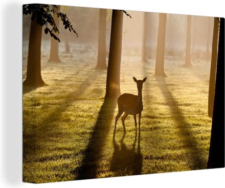 Canvas Schilderij Hert - Bos - Zon - 90x60 cm - Wanddecoratie