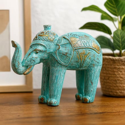 Hout Gesneden Olifant Beeld - Turquoise & Goud - Handgemaakt - 8x27x24cm