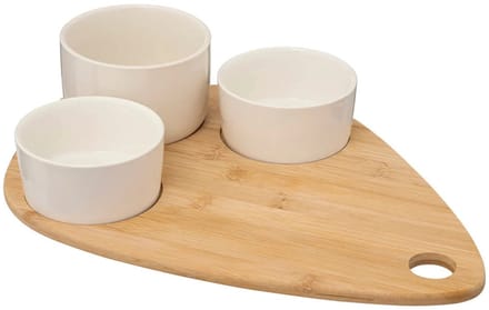 5Five Serveerplank bamboe - met 4x luxe schaaltjes - 35 x 24 cm - tapas en saus schaaltjes - wit