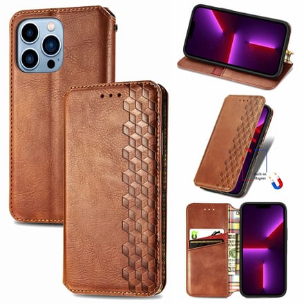 Luxe PU Lederen Ruitpatroon Wallet Case + PMMA Screenprotector voor iPhone 13 Pro _ Bruin