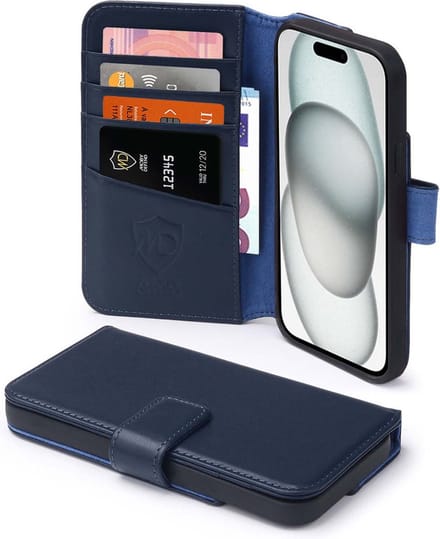 MobyDefend Hoesje - Geschikt voor iPhone 15 - Luxe Leren Wallet Bookcase - Blauw