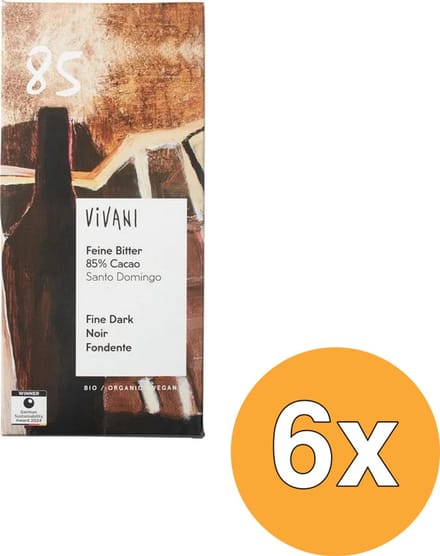 6x Vivani Chocolate Bar Fine Dark 85% Cacao Santo Domingo (80 gr)