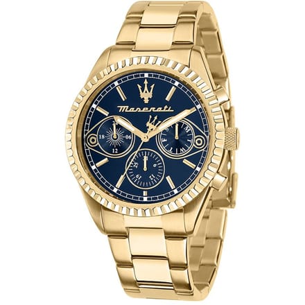 Maserati Competizione Goudkleurig Roestvrij Staal Blauwe Multifunctie Wijzerplaat Quartz R8853100026 100M Herenhorloge zwart