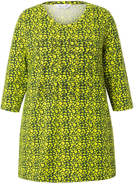 MIAMODA - Dames - Longshirt luipaardpatroon glitterstatement 3/4-mouw - Limoen - Maat 44