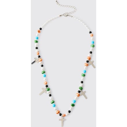 Multi Colour Beaded Necklace with Silver Cross Charms