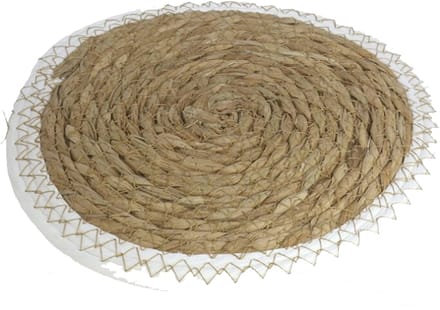 Gerimport Pannen onderzetters - zeegras - rond - 28x28 cm - naturel/wit - stevig - groot formaat