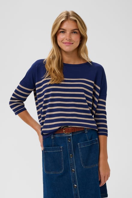 Saint Tropez MilaSZ R-neck St. Pullover Dames Trui - Navy Peony Greige Stripe