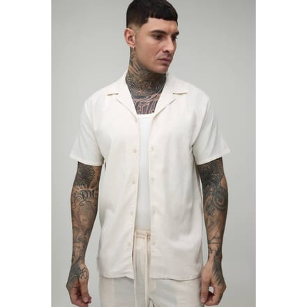 Lang Regular Korte Mouw Linnen Blend Overhemd | Natural | Size Small