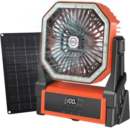 Zonne Ventilator 10000mAh – Met 10W Zonnepaneel – LED-Verlichting – 4 Snelheden – Timerfunctie – Draagbare Campingventilator