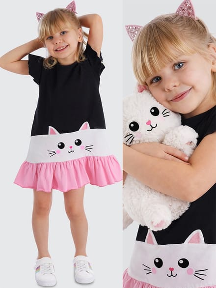 Denokids CFF-21Y2-045 Zwart Meisjes Jurk Kattenprint Ruffle 122