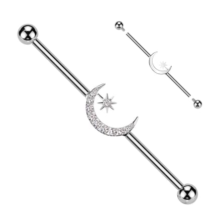 Industrial piercing steentjes in maan met ster - zilver - LMPiercings