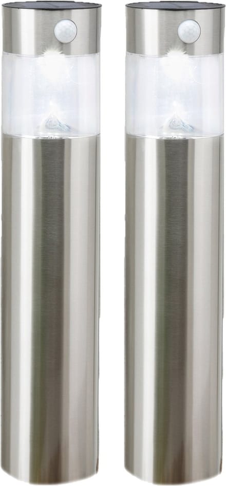 Hi Solar tuinlamp/prikspot pilaar - 2x - zilver - RVS - 50 cm - zonne energie met bewegingssensor