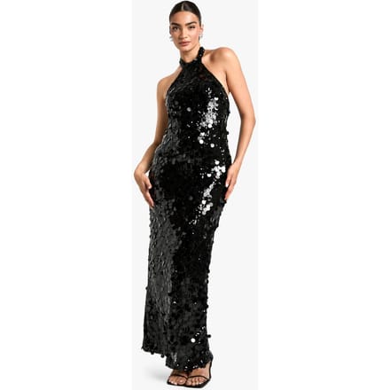 boohoo Dames Disc Sequin Halterneck Maxi Jurk | Zwart | Maat: 42