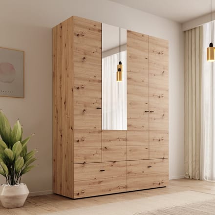 Meubella - Nouran - Kledingkast 4-deurs met lades - Eiken 155x52x208 cm