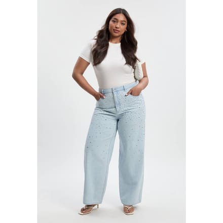 boohoo Dames Plus Versierd Hoge Taille Rechte Pijp Jeans | Bleach Wash | Maat: 28