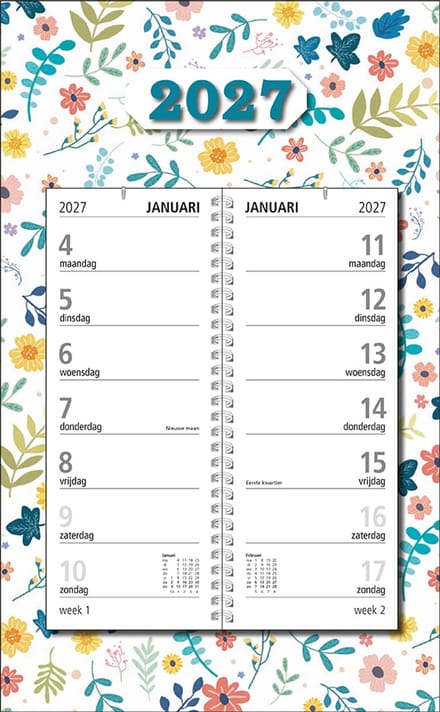 MGPcards - Omlegweekkalender 2027 - Week begint op maandag - 21 x 34 cm - Bloem - Wit