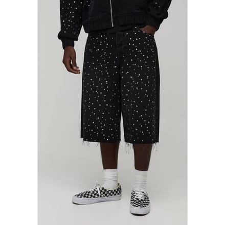 Gewassen Denim Jorts Met Strass En Verlengde Pasvorm | Washed Black | Size 36