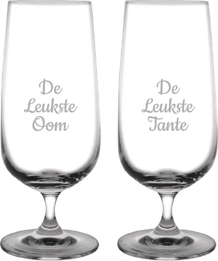 Gegraveerde bierglas op voet 41cl De Leukste Tante-De Leukste Oom