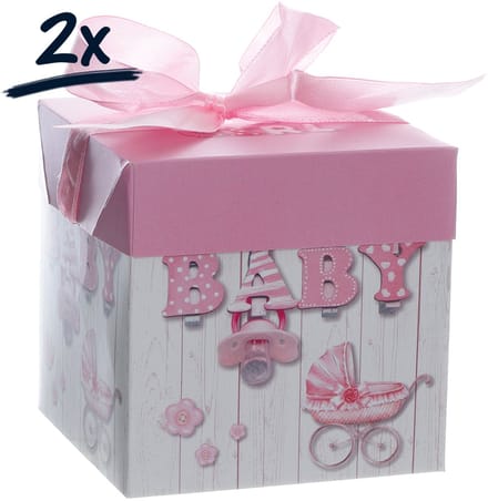Set van 2 Cadeaudoosjes - Bewaardoosje voor Babyshower - Met Lint en Strik - 10x10x10 cm