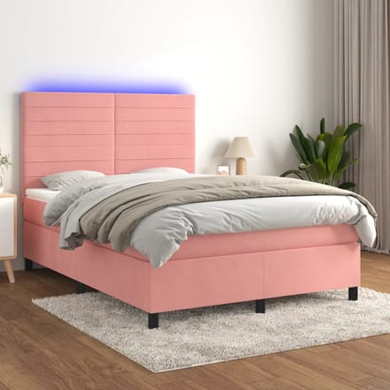 vidaXL - Boxspring - met - matras - en - LED - fluweel - roze - 140x200 - cm