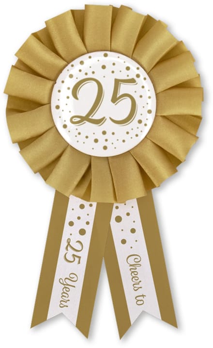 Q2P - 25 Jaar Rozet - Verjaardag Versiering - Wit & Goud - Feest - Buttons - Rosette