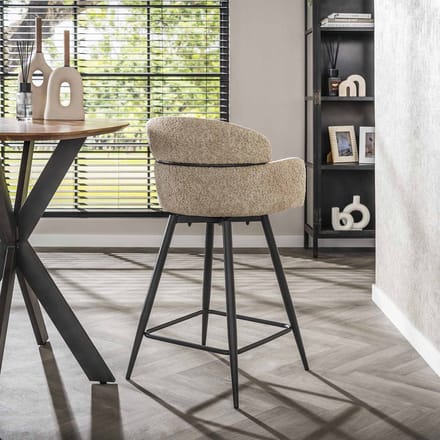 Set van 2 barkrukken Sienna Bouclé zand ronde rug draaibaar