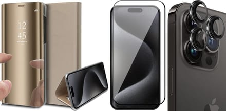 Hoesje geschikt voor iPhone 15 Pro - Screenprotector FullGuard & Camera Lens Screen Protector Zwart - Book Case Spiegel Goud