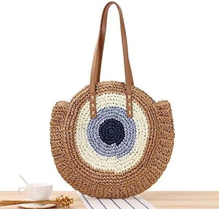 Stro Schoudertas - Geweven Tas - Zomerse Uitjes - Handgeweven Design - 44x41 cm - Lichtbruin