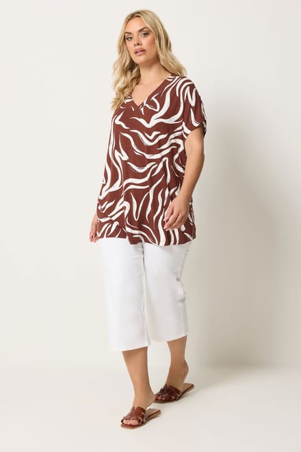 Yours Bruin Tshirt Met Abstracte Print En Aangeknipte Mouwen Size 50-52