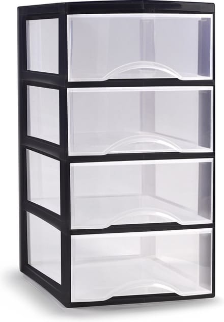 Plasticforte Ladeblokje/bureau organizer met 4x lades - transparant/zwart - L26 x B36 x H49 cm