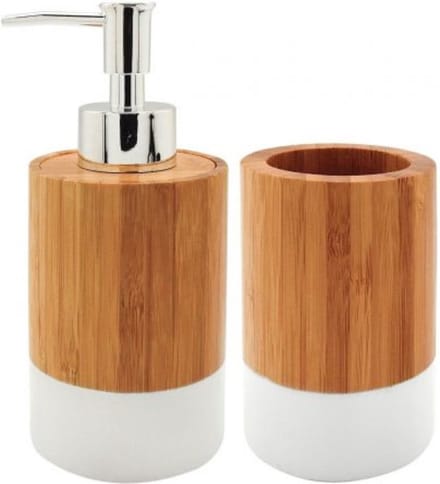 Badkamerset - bamboe - 2-delig - zeeppompje + beker - 17 cm - badkamer