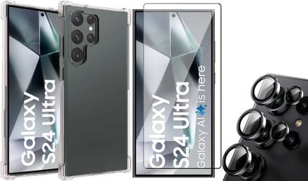 Hoesje geschikt voor Samsung Galaxy S24 Ultra - Screenprotector Volledig Dekkend Glas & Camera Protector - Shockproof Transparant