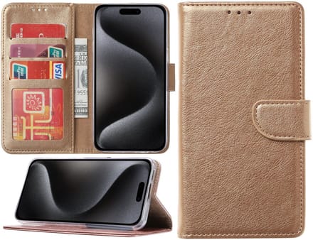 Hoesje geschikt voor iPhone 15 Pro - Bookcase - Pasjeshouder - Kunstleer - Goud
