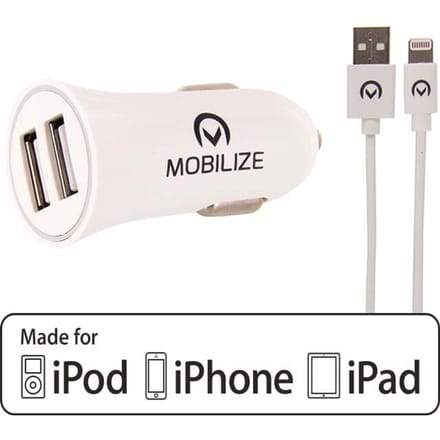Mobilize Car Charger 2x USB + USB to Apple MFi Lighting Cable 24W 1m. White