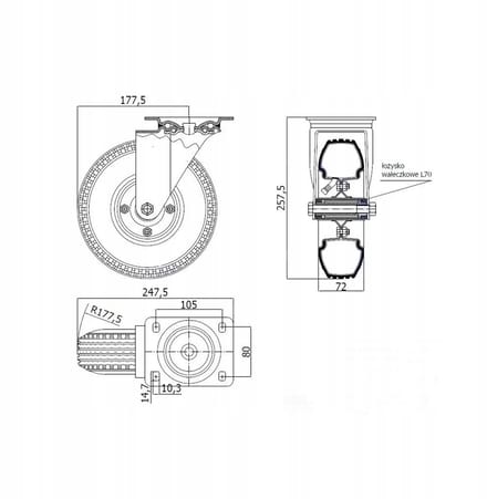 Zwenkbaar Luchtband Wiel 225 mm - 95 kg sleepvermogen