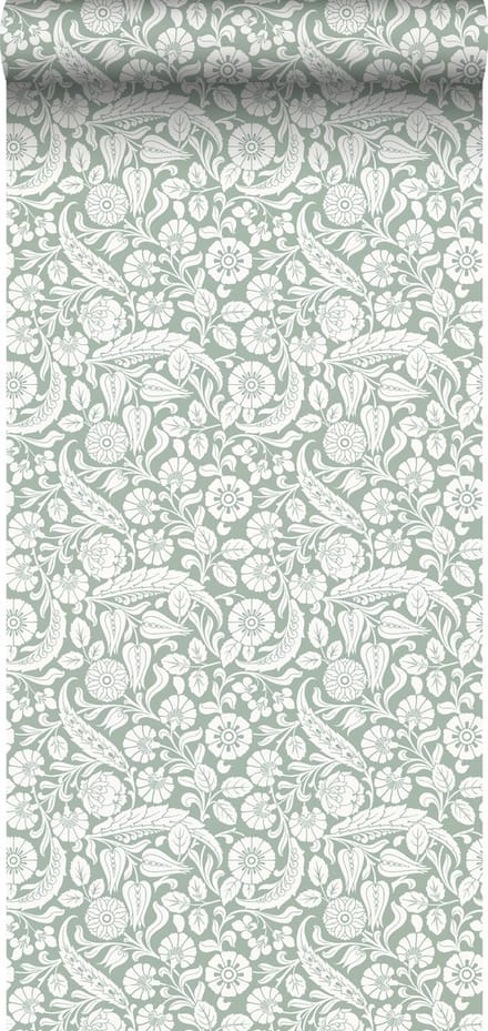 ESTAhome behang bloemmotief vergrijsd groen - 53 cm x 10.05 m - 139329